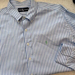 Ralph Lauren Mens Blue/White Striped Button Down Shirt Vintage Sz XL Green Pony